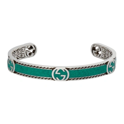 Gucci Interlocking-g Sterling Silver Cuff Bracelet In Green,silver Tone