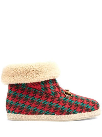Gucci Women's Houndstooth Ankle Boot In Green And Red Wool