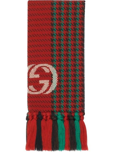 Gucci Houndstooth Scarf With Interlocking G In Green And Red