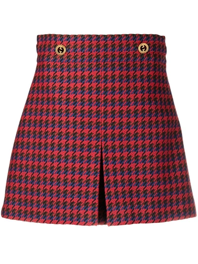 Gucci Houndstooth Wool Skirt In Green And Red