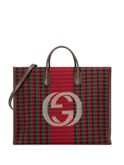 Gucci Houndstooth And Stripe Tote With Interlocking G In Red