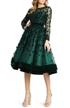 Mac Duggal Long-sleeve Tea-length Floral Applique Cocktail Dress In Emerald Green