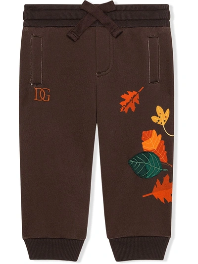 Dolce & Gabbana Babies' Leaf-print Drawstring Track Pants In Brown