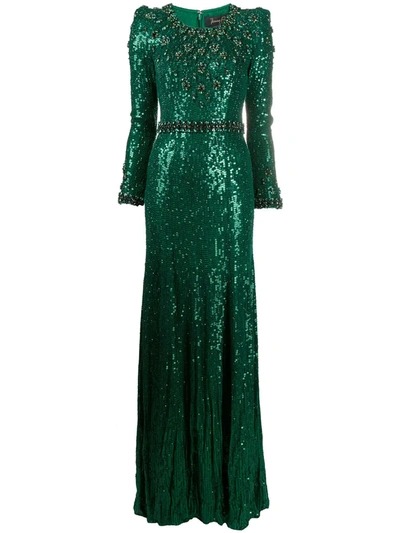 Jenny Packham Emerald Sequin Dress With Crystal Embellishment In Green