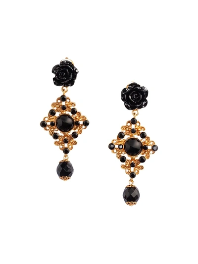 Dolce & Gabbana Clip-on Drop Earrings With Roses And Stones In Gold