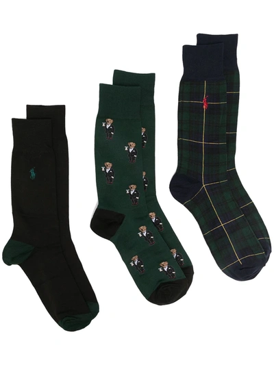 Polo Ralph Lauren Three-pack Logo-embroidered Cotton-blend And Stretch-knit Socks In Green