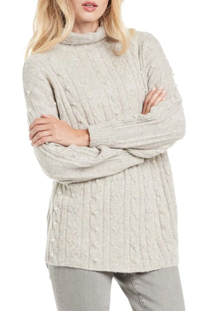 Nic + Zoe Majestic Beaded Cable Knit Metallic Turtleneck Sweater In Winter Cream