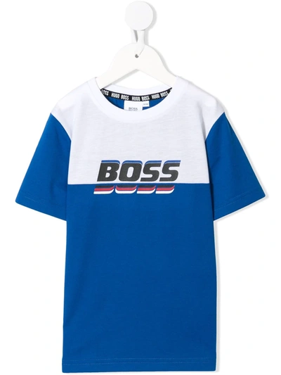 Hugo Boss Kids' Logo Print Two-tone T-shirt In Blue