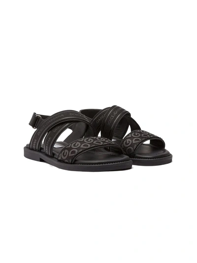 Dolce & Gabbana Kids' Logo-embossed Leather Sandals In Black