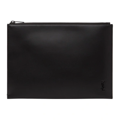 Saint Laurent Black Matte Leather Tiny Monogram Zip Tablet Holder