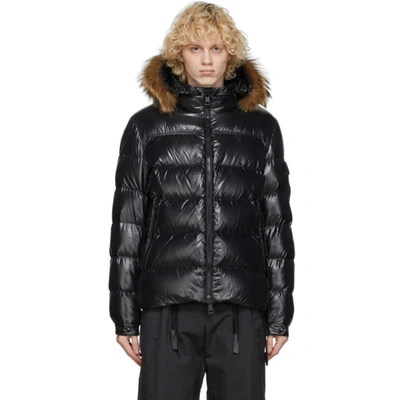 Moncler Men's Marque Shiny Quilted Puffer Jacket W/ Fur Hood In Black