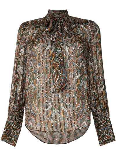 Veronica Beard Zaylee Pussy-bow Paisley-print Metallic Silk-blend Blouse In Brown