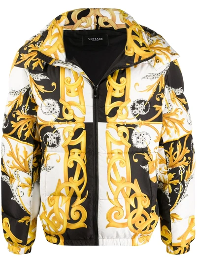 Versace Barocco Print Down Jacket In Black And Yellow
