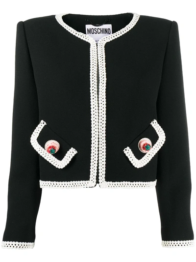 Moschino Crochet-trimmed Appliquéd Wool-blend Crepe Jacket In Black