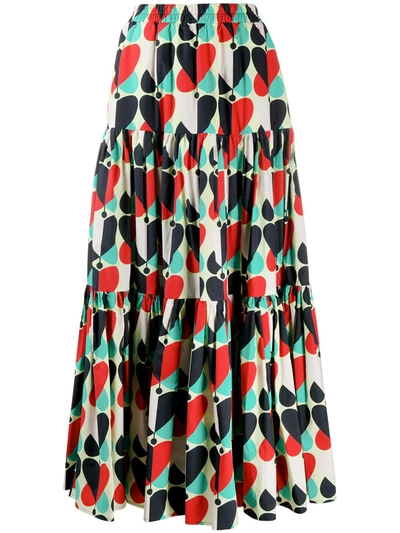 La Doublej Big Geometric-print Tiered Skirt In Farfalle Rosso