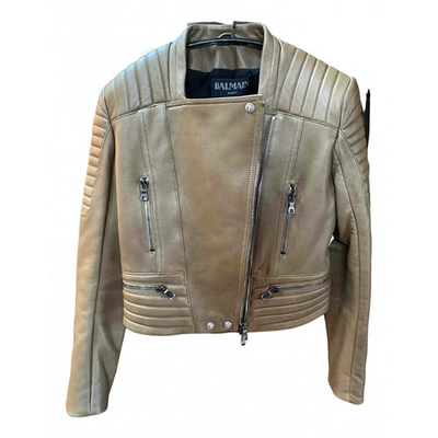 Pre-owned Balmain Leather Jacket In Khaki