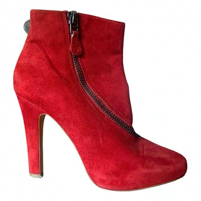 Pre-owned Diane Von Furstenberg Velvet Ankle Boots In Red