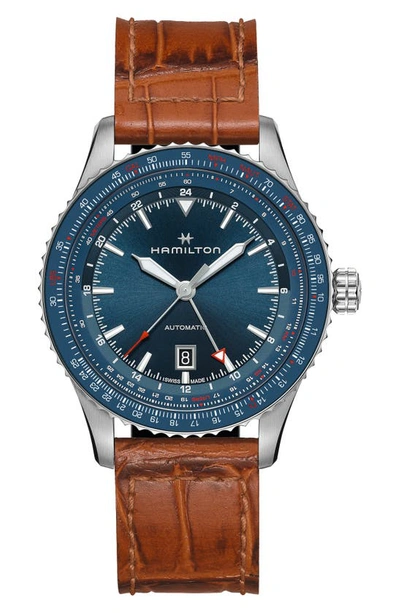 Hamilton Khaki Aviation Converter Gmt Automatic Leather Strap Watch, 44mm In Blue/brown