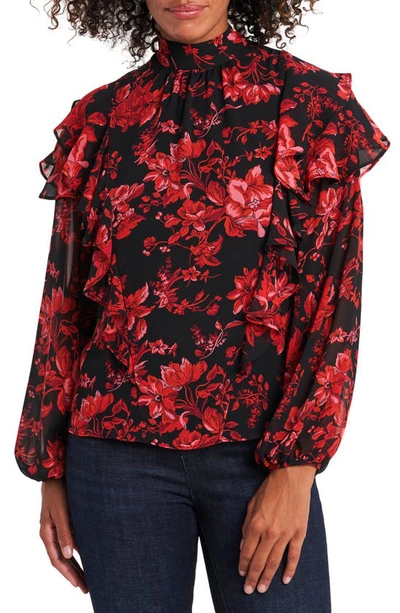Vince Camuto Victorian Blooms Tie Front Long Sleeve Blouse In Black
