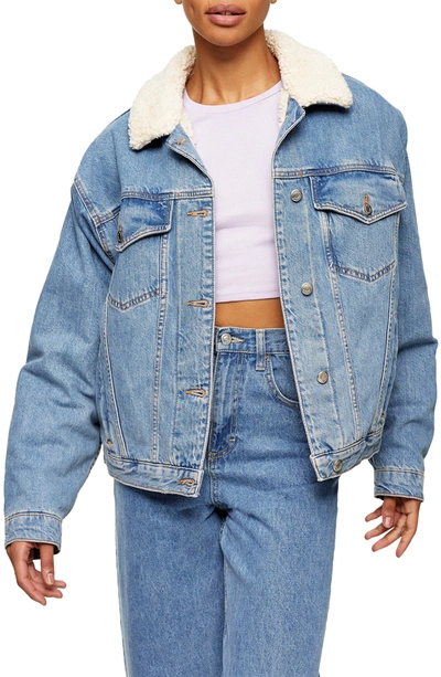 Topshop Oversized Borg Trim Recycled Cotton Denim Jacket In Mid Blue-brown