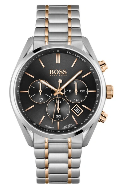 Hugo Boss Champion Two-tone Stainless Steel Chronograph Bracelet Watch In Black