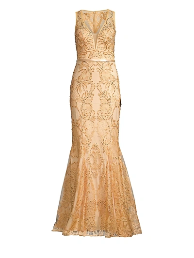 Basix Black Label Women's Godet Embellished Lace Mermaid Gown In Champagne