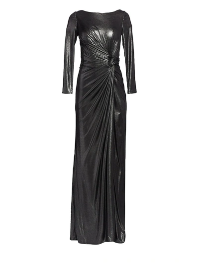 Rene Ruiz Collection Women's Ruched Side Slit Patent Glitter Long-sleeve Gown In Pewter