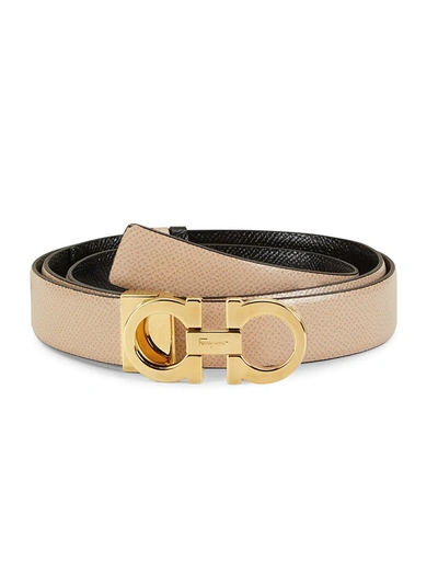 Ferragamo Double Gancini Reversible Leather Belt In Macadamia