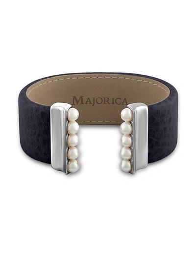 Majorica Women's New Isla 5mm Organic Pearl & Leather Open Bangle/navy