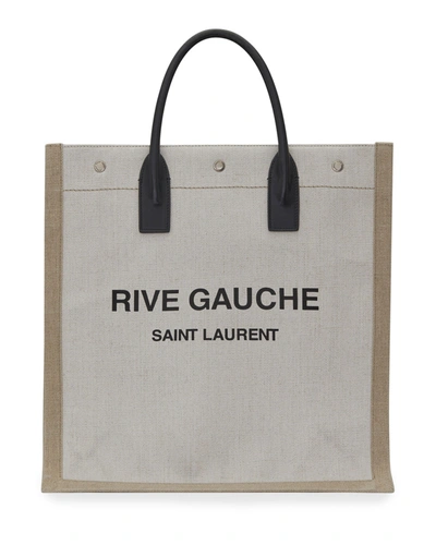 Saint Laurent Noe Ysl Rive Gauche Linen Shopper Tote Bag In White/black