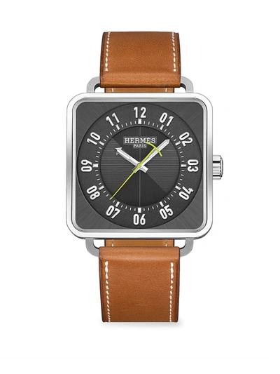 Hermes Carre H 45mm Square Stainless Steel & Leather Strap Watch In Neutral