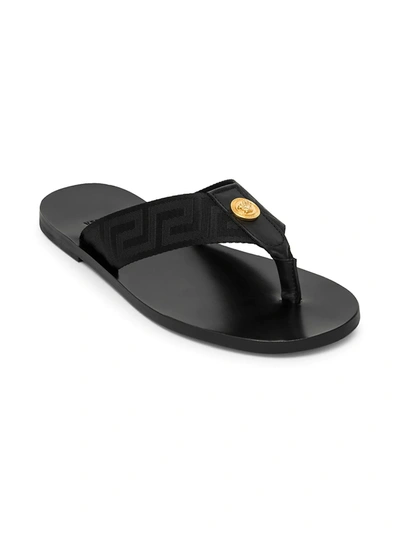 Versace Men's Nastro Leather Thong Sandals In Black Gold