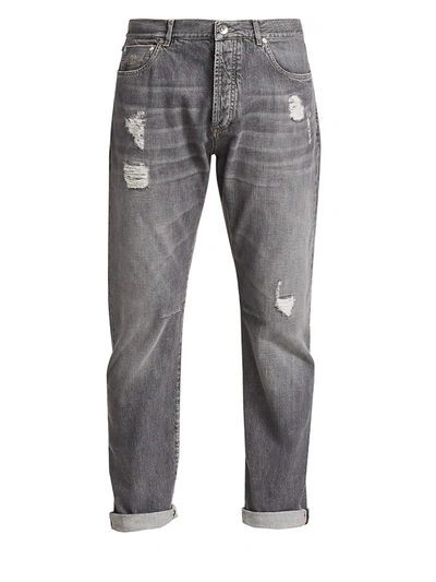 Brunello Cucinelli Men's Distressed Faded Jeans In Dark Grey
