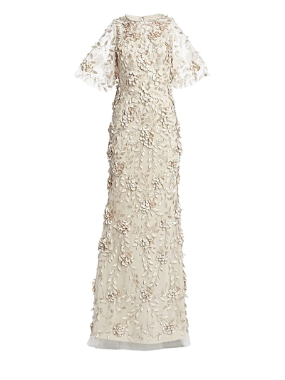 Theia Embellished Flutter-sleeve Tulle Gown In Sandstone
