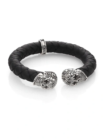 King Baby Studio Leather And Sterling Silver Skull Bracelet In Black/silver