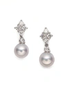 Mikimoto Women's 7.5mm White Cultured Akoya Pearl, Diamond & 18k White Gold Drop Earrings