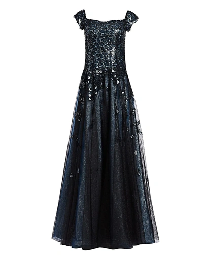 Rene Ruiz Collection Women's Off-the-shoulder Sequin A-line Gown In Blue Black