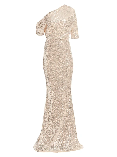 Badgley Mischka Asymmetric Draped Sequin Mermaid Gown In Light Champagne