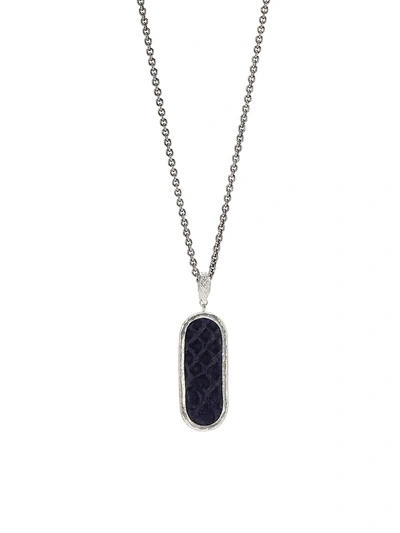 John Varvatos Men's Exotic Silver & Leathers Sterling Silver & Blue Leather Dog Tag Necklace