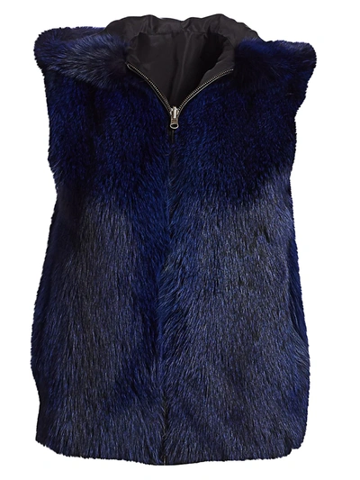 The Fur Salon Fox Fur Hooded Vest In Navy