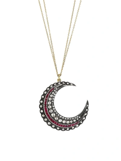 Renee Lewis 18k Yellow Gold, Sterling Silver, Diamond & Ruby Crescent Moon Necklace
