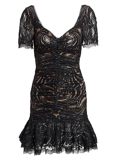 Jonathan Simkhai Ruched Metallic Macramé Lace Mini Dress In Black