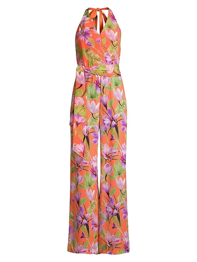 Alice And Olivia Cyrus Floral Halter Jumpsuit In Floral Coral Multi