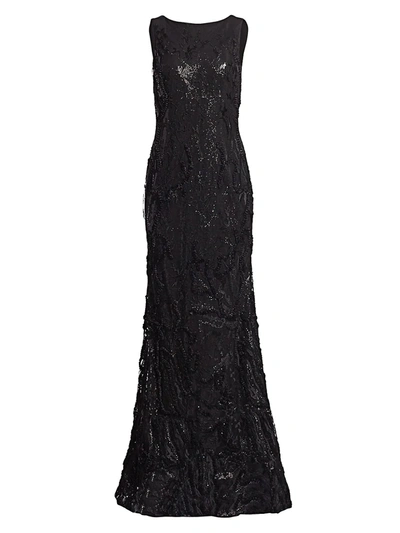 Rene Ruiz Collection Sequin Embroidery Flared Column Gown In Black