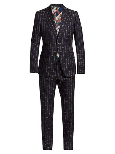 Gucci Men's Retro Thin Gg Stripe Wool Suit In Blue Multi