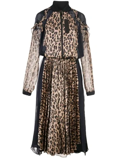 Sacai Women's Leopard Satin & Chiffon Pleated Dress In Beige