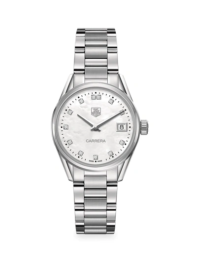 Tag Heuer Women's Carrera 32mm Stainless Steel, Mother-of-pearl & Diamond Quartz Bracelet Watch In Sapphire