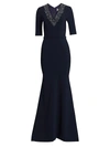 Theia V-neck Beaded Crepe Gown In Navy