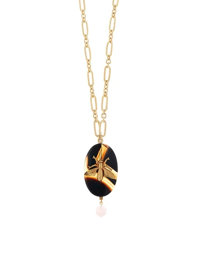 Oscar De La Renta Goldtone Oval Agate & Fly Pendant Link Necklace In Black