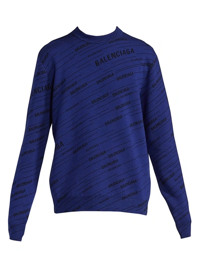 Balenciaga Logo Print Crew Sweater In Navy Black